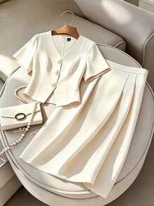 GlowEve CURVE Plus Size Elegant Office Wear 2 Pieces Set: Blouse And Skirt, Summer - Apricot - View 3
