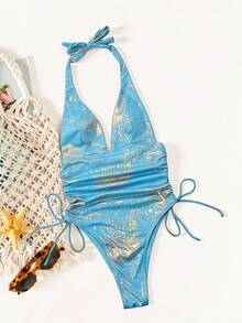 Swim SXY Bộ đồ bơi liền thân nữ bằng vải ánh kim, buộc dây vai, xoắn eo, xếp ly, thích hợp cho kỳ nghỉ hè. - Màu xanh lam - Xem 4