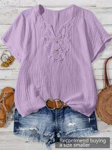 SHEIN LUNE CURVE Plus Size Casual Solid Color Lace Patchwork Shirt - Purple - View 1