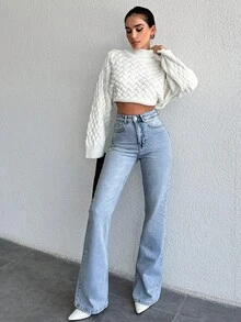 SHEIN بنطلون جينز واسع الساق بخصر مرتفع من القطن بلون أزرق فاتح سادة، إغلاق بأزرار، ستايل كاجوال ستريت وير، مناسب للاستخدام اليومي والمواعيد في فصل الخريف - أزرق فاتح - مشاهدة 7