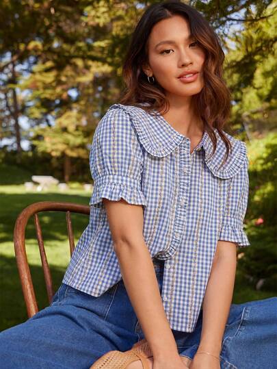 WESTFADE Western Country Floral Embroidered Gingham Ruffle Collar Short Puff Sleeve Button Up Shirt