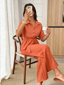 Elouméa Bộ đồ hè dáng rộng, màu trơn, có dây rút ở eo, áo và quần (2 món) - trái cam - Xem 3