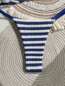 Swim Mod Women's 2026 Spring/Summer New Blue & White Striped Textured Fabric Metal Decor V-Neck Backless Triangle Wrap Strap Bikini 2-Piece Swimwear - Multicolor - View 4