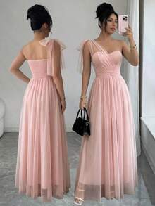 SHEIN Elenzya Đầm chữ A không tay, chất liệu lưới, cổ yếm, thắt nơ ở eo, kiểu dáng thanh lịch và lãng mạn, phù hợp cho đám cưới, tiệc tùng và các buổi họp mặt. - Màu Hồng  San hô - Xem 1