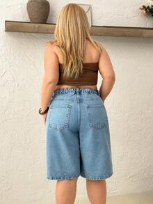 SHEIN Cottnline 100% bomull, hög midja med korsad midjeband, citylängd, ljusblå, korta shorts för semester och sommar - Mediumtvätt - Visa 2