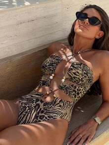 Swim SXY Bộ bikini một mảnh Swim Vcay-D màu nâu in họa tiết da báo và ngựa vằn ngẫu nhiên, dây rút chéo, khoét lỗ, gợi cảm dành cho nữ. - Nhiều màu - Xem 1