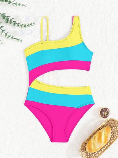 SHEIN Traje de baño de una pieza elegante y de moda con diseño asimétrico de tirantes, tejido de parches y hueco en la cintura, adecuado para la playa, vacaciones y natación en verano, para niñas preadolescentes en colores brillantes