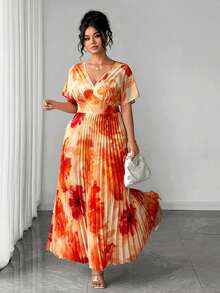 Rometta Đầm maxi mùa hè mới dành cho nữ cỡ lớn, chất liệu chiffon, màu cam họa tiết hoa, cổ chữ V, gợi cảm, thanh lịch, thắt eo, dáng suông, phù hợp cho các dịp thường nhật, nghỉ mát, tiệc tùng. - trái cam - Xem 4