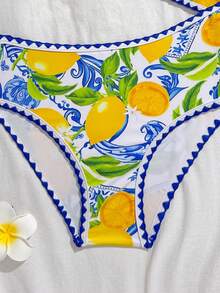 Traje de baño de una pieza para niñas preadolescentes, bañador con estampado de limón y un solo hombro - Amarillo - Ver 3