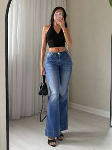 TRNVIE Damen Mode Jeans mit tailliertem Bund und weitem Beinverlauf - Blau - Übersicht 11