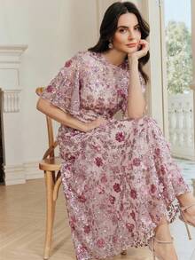 Anewsta Elegant Navy Blue Floral Mesh Ruffle Trim Sequin Embellished Short Sleeve Dress, Suitable For Party, Date, Resort Wear, Spring/Summer Outfits - Pink - View 2