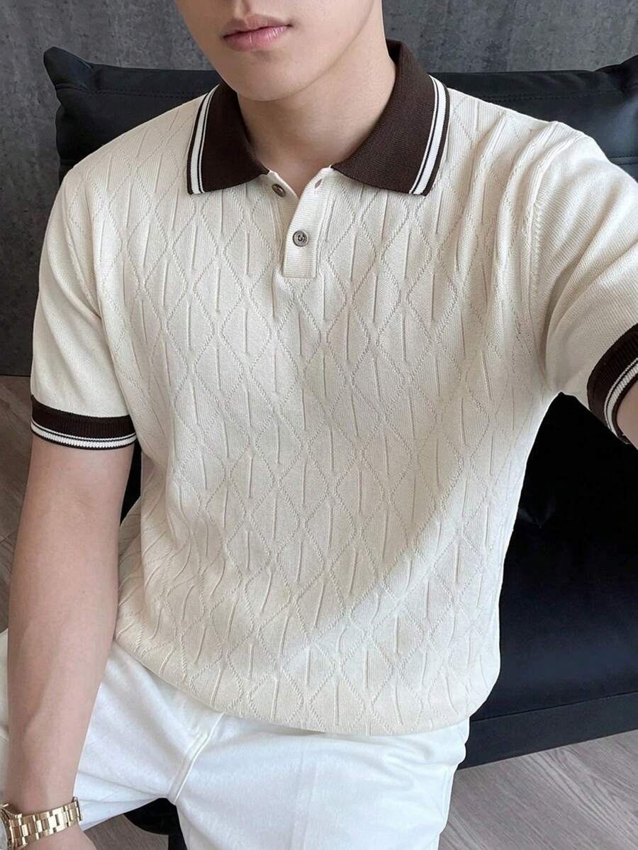 Manfinity Hypemode 男士针织撞色领短袖上衣,夏季 - 米色 - 查看 1