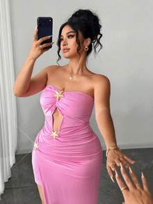 Elenzga Plus Size Solid Color Fashionable Hollow Out Fitted Tube Dress, Pink, Summer - Pink - View 7