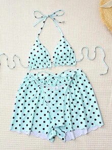 Swim SXY 女士夏季度假沙滩波点印花荷叶边挂脖比基尼三件套 - 彩色 - 查看 4