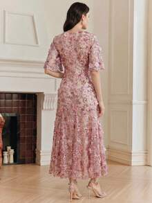 Anewsta Elegant Navy Blue Floral Mesh Ruffle Trim Sequin Embellished Short Sleeve Dress, Suitable For Party, Date, Resort Wear, Spring/Summer Outfits - Pink - View 7