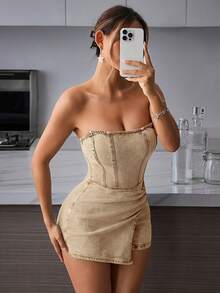 SHEIN PETITE Bộ áo liền quần denim cổ yếm khóa kéo sau lưng, kiểu dáng thường ngày, thoải mái cho nữ mùa hè và kỳ nghỉ. - Màu Khaki - Xem 4