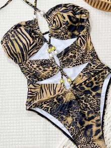 Swim SXY Bộ bikini một mảnh Swim Vcay-D màu nâu in họa tiết da báo và ngựa vằn ngẫu nhiên, dây rút chéo, khoét lỗ, gợi cảm dành cho nữ. - Nhiều màu - Xem 3