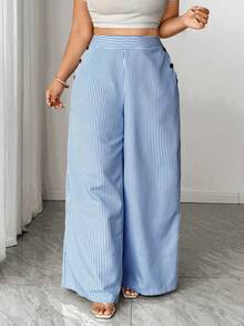 SHEIN Tall CURVE Quần dài nữ cỡ lớn kiểu Hàn Quốc thanh lịch mùa xuân/hè mới, họa tiết kẻ sọc xanh trắng, chất liệu vải lanh, cạp cao, dáng suông, rộng rãi, thoải mái. - Xanh và trắng - Xem 4