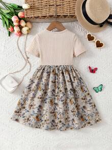 Emery Rose Kids Emery Rose Kids 女童针织纯色圆领拼接雪纺花卉下摆休闲连衣裙 - 卡其色 - 查看 2
