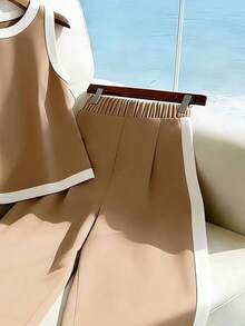 2 piezas Conjunto de top de tirantes de unicolor y elegante con cuello redondo y pantalones de pierna ancha, adecuado para vacaciones y uso diario casual - Caqui - Ver 2