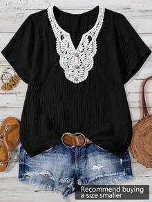SHEIN LUNE CURVE Plus Size Colorblock Short Sleeve Textured Fabric Summer Notch Collar Shirt - Black and White - View 1