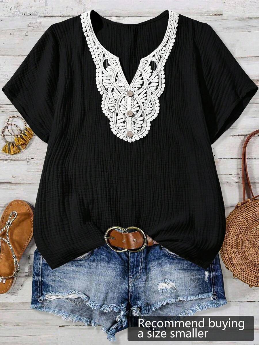SHEIN LUNE CURVE Plus Size Colorblock Short Sleeve Textured Fabric Summer Notch Collar Shirt - Black and White - View 1