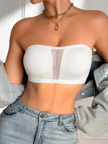 SHEIN White One-Shoulder Bandeau Bra, Strapless Lingerie, Mesh Patchwork Women's Bra - White - View 8