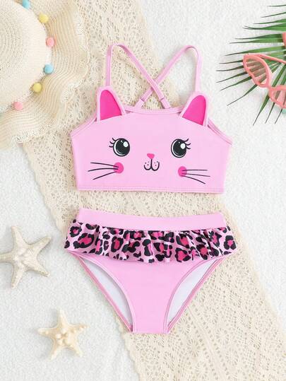 SHEIN Cô Gái Trẻ Mùa Hè In Hình Hoạt Hình Spaghetti Dây Trên Trên Và Da Báo Xù Lông Bộ Bikini Có Đáy Tam Giác