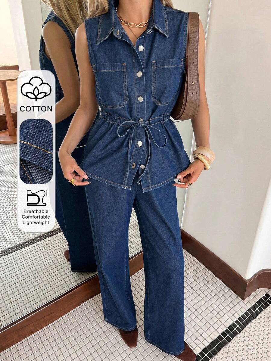 DAZY Bộ đồ nữ thường ngày gồm áo sơ mi có túi lưng và quần jeans ống rộng, thích hợp cho mùa xuân/hè. - Màu xanh lam - Xem 1