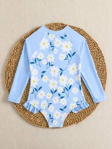 SHEIN Cô Gái Trẻ In hoa Dây kéo mặt trước Viền Ruffle Đồ bơi một mảnh - Màu xanh lam - Xem 2