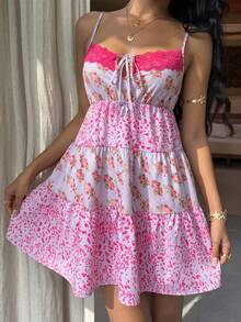 Sunnyshic Women's Vacation Casual Leopard Print Patchwork Floral Contrast Color Mini Camisole Dress - Mauve Purple - View 6
