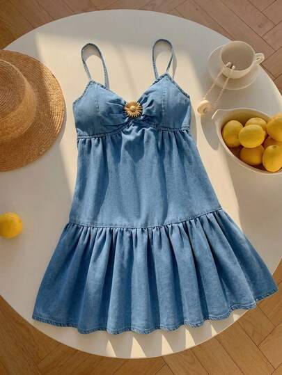 Comfortcana Vestido de mezclilla con tirantes finos, plisado y volante en el bajo, de unicolor para mujer