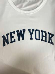 New York Letter Graphic Casual Short Sleeve Round Neck White T-Shirt, Summer - White - View 6