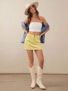 WESTFADE Chân váy mini denim cơ bản cao cấp, chất liệu 91% cotton. - Vàng nhạt - Xem 7