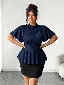 Elenzga Plus Size Women's New Elegant Versatile Batwing Sleeve Cinched Waist Spring/Summer Blouse - Navy Blue - View 4