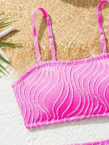 Tween Girl Fashion Casual Pink Bikini 2 Pieces Set, Suitable For Summer Beach Vacation, Swimming, Travel - Hot Pink - View 3