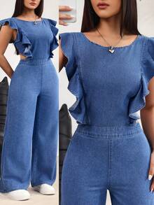 SHEIN Holidaya Bộ áo liền quần denim cổ tròn dáng rộng dành cho nữ cỡ lớn, kiểu dáng thường ngày. - Màu xanh lam - Xem 9