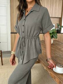 Elouméa Size Summer Casual Solid Color Drawstring Waist Shirt And Pants 2 Pieces Set - Mint Green - View 6