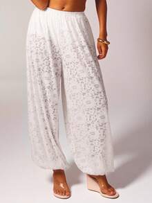 Aralina Summer Women's Fully Unlined Sheer Full Lace Cute Going Out Party Or Beach Ballon Pant - White - View 1