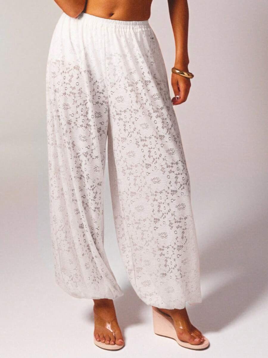 Aralina Summer Women's Fully Unlined Sheer Full Lace Cute Going Out Party Or Beach Ballon Pant - White - View 1