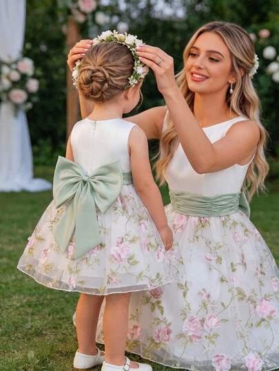 Glamorique Kids Vestido de princesa con estampado floral para niña, conjunto de actuación de anfitriona, vestido de tutú para recital de piano de niñas, vestido de novia de flores para niña