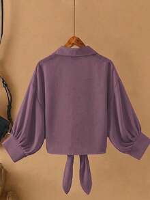 Calvaya Plus Size Casual Solid Color Tie-Up Shirt - Purple - View 2