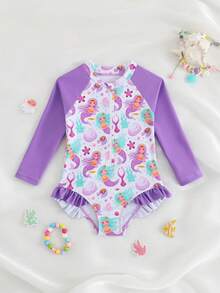 Traje de baño de manga larga con estampado de sirena para niñas bebé - Morado - Ver 1