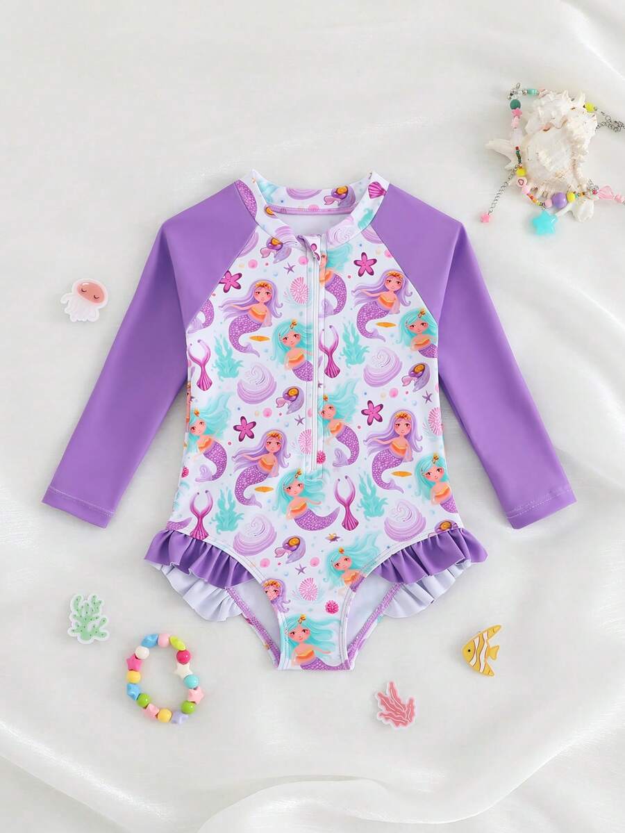 Traje de baño de manga larga con estampado de sirena para niñas bebé - Morado - Ver 1