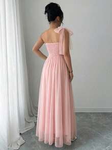 SHEIN Elenzya Đầm chữ A không tay, chất liệu lưới, cổ yếm, thắt nơ ở eo, kiểu dáng thanh lịch và lãng mạn, phù hợp cho đám cưới, tiệc tùng và các buổi họp mặt. - Màu Hồng  San hô - Xem 2