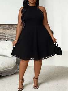 SHEIN CURVE+ Plus Size Versatile Sexy Patchwork Lace Trim Knit Dress Cocktail Black Summer - Black - View 4