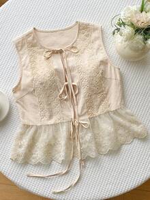 Comfortcana 女款花卉刺繡綁帶棉質無袖上衣，淺米色，夏季優雅休閒茶會蕾絲風格海灘度假上衣 - 卡其色 - 查看 9