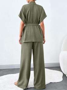 SHEIN Tall Bộ đồ hai mảnh dành cho nữ cao có thắt lưng - Màu Khaki - Xem 2
