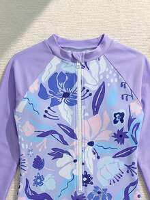 SHEIN 女童連身長袖拉鍊設計撞色數位印花泳衣，適合海灘度假、游泳、夏季假期，適合青少年女孩 - 紫色 - 查看 5