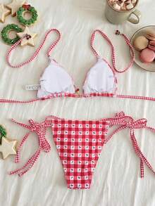 Swim Mod Bộ đồ đi biển 2 món dành cho nữ, thời trang dễ thương, gợi cảm, đồ bơi nghỉ mát, áo crop top buộc dây sau lưng và quần bikini buộc dây bên hông họa tiết kẻ caro in ngẫu nhiên hình quả anh đào, thích hợp cho mùa xuân/hè. - Nhiều màu - Xem 2